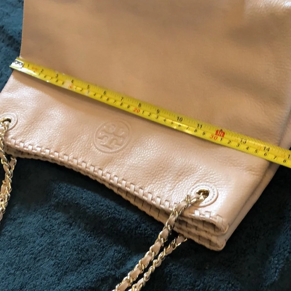 Tory Burch stamped logo, pebbled leather creamy pink braided top & chain handbag